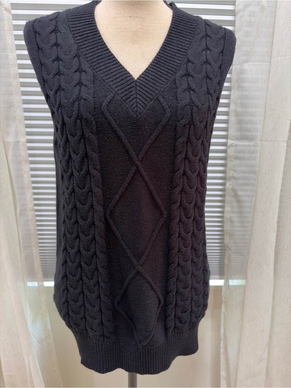 Black Cable-Knit V-Neck Sweater Vest